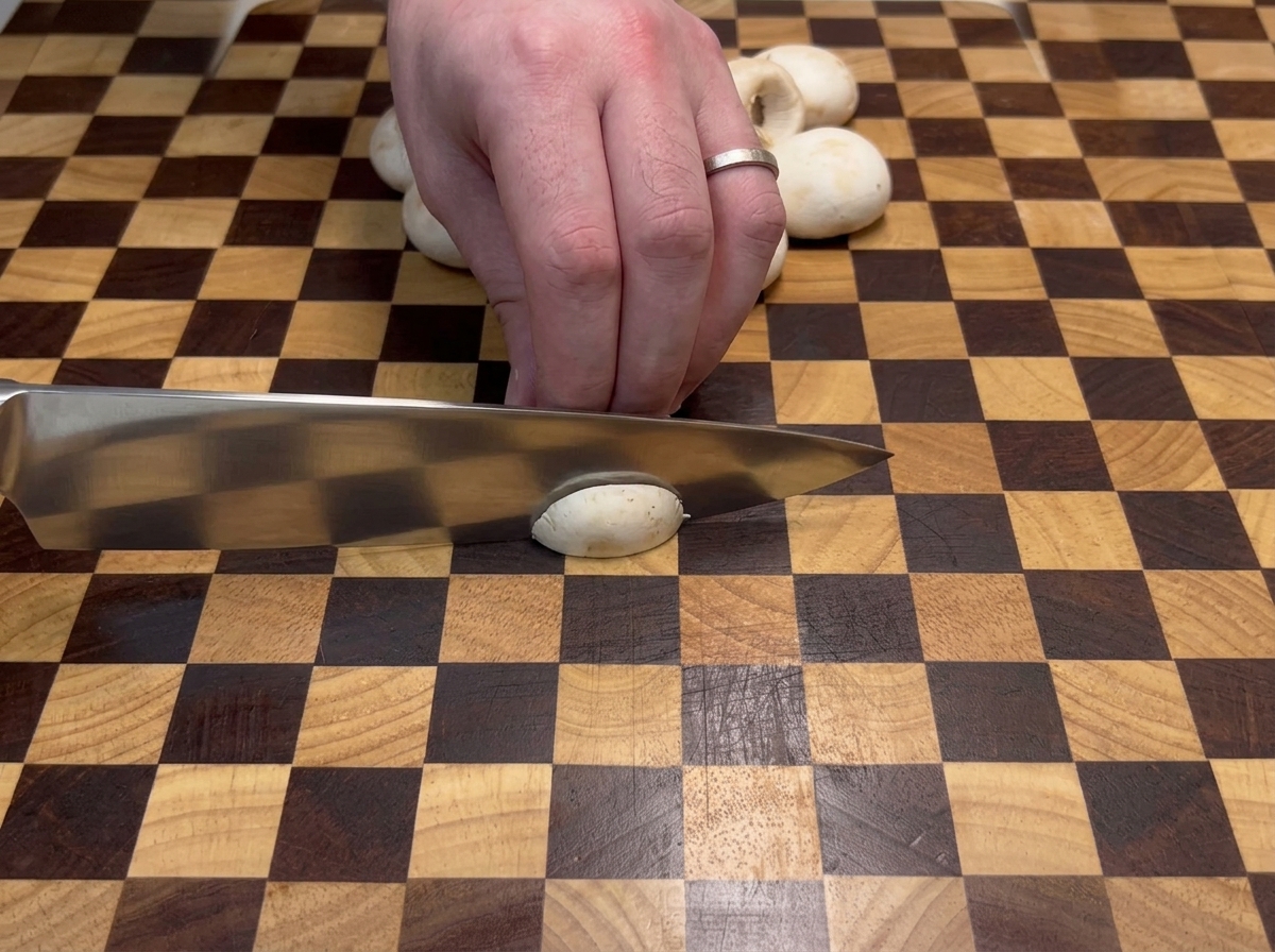 Mani che affettano funghi champignon bianchi su un tagliere di legno a scacchi.