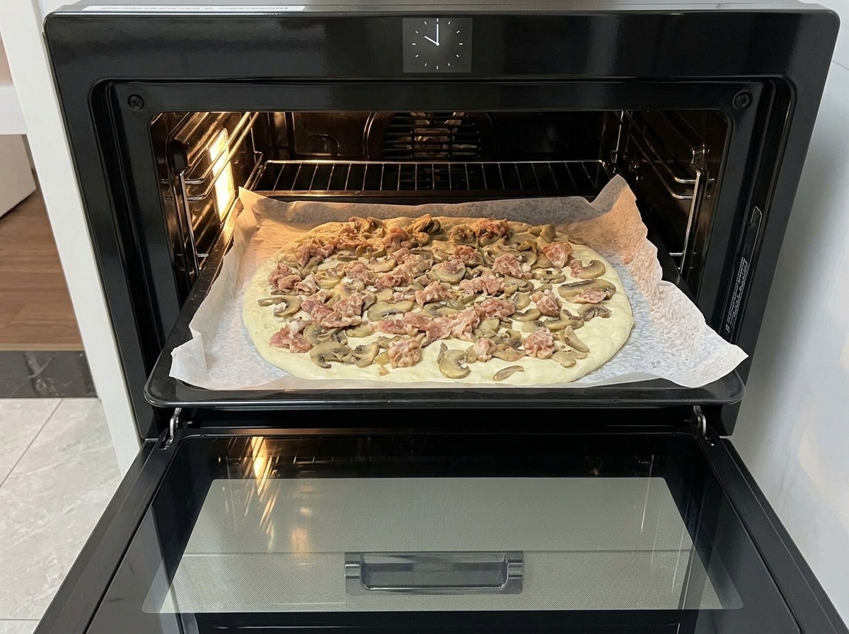 La pizza con funghi e salsiccia che viene infornata in un forno preriscaldato.