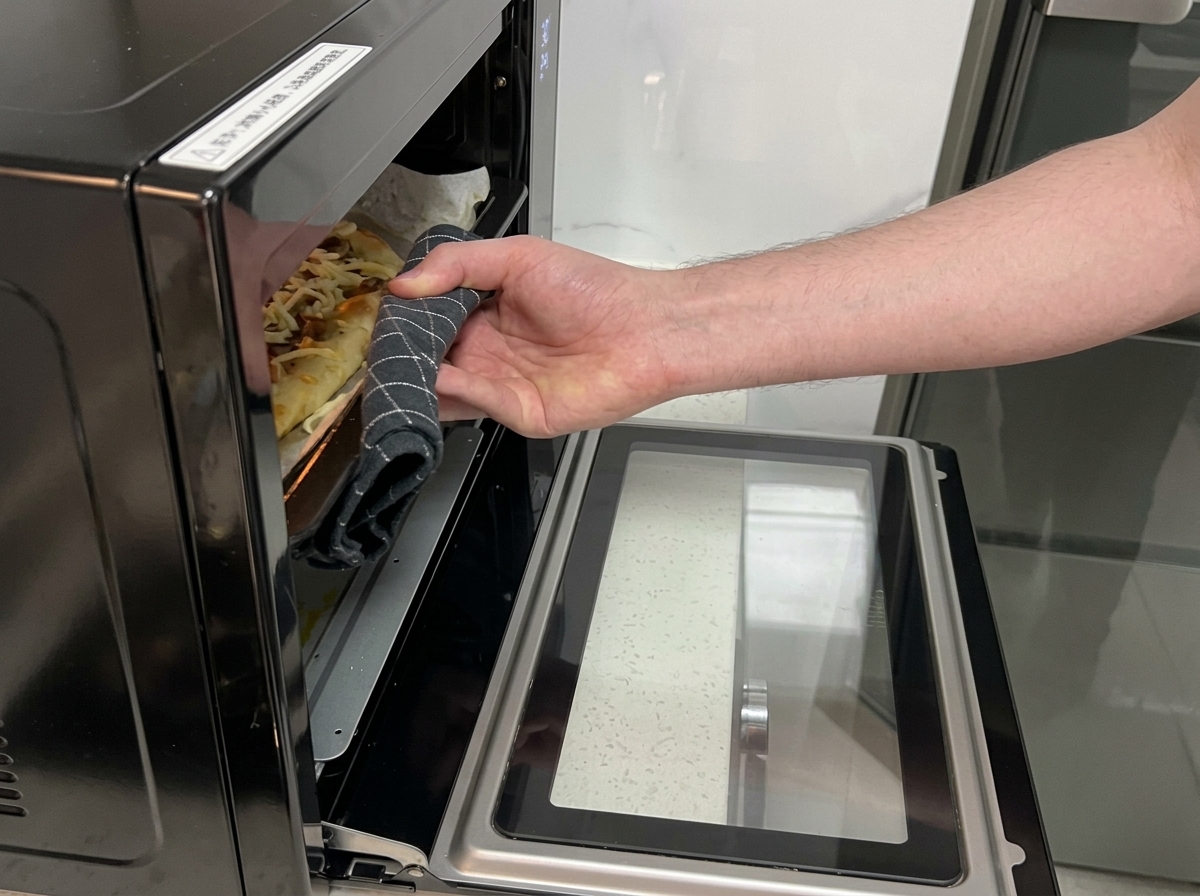 Una teglia con la pizza che viene inserita nel ripiano superiore di un fornetto elettrico.