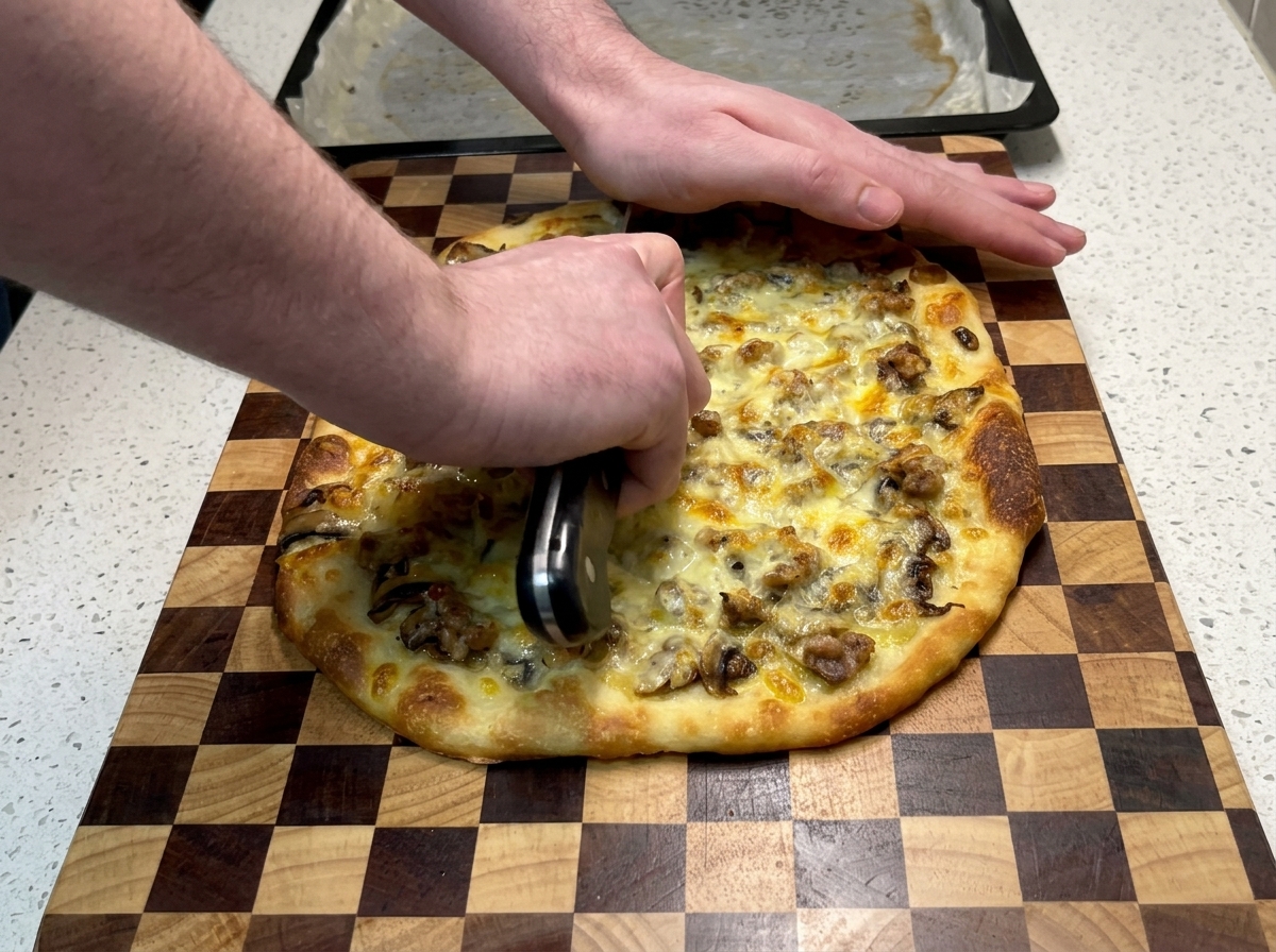 Mani che usano un coltello grande per tagliare la pizza boscaiola a tranci su un tagliere.
