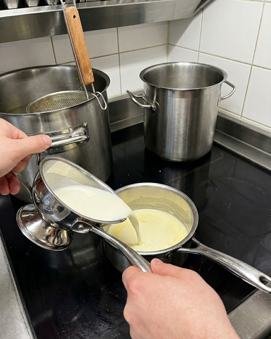 Latte versato lentamente in un pentolino con il roux.