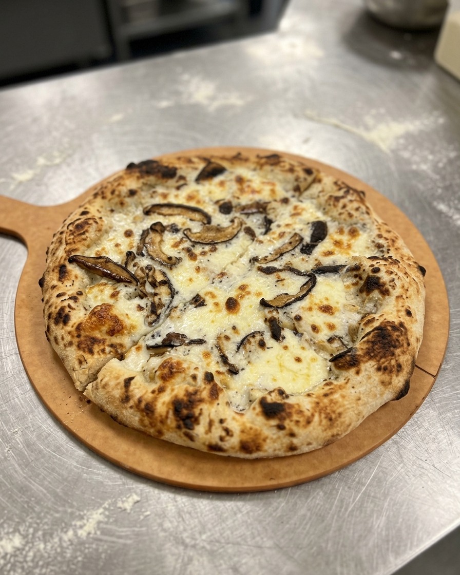 Pizza ai funghi appena sfornata con cornicione alveolato, tagliata in quarti su una pala di legno.