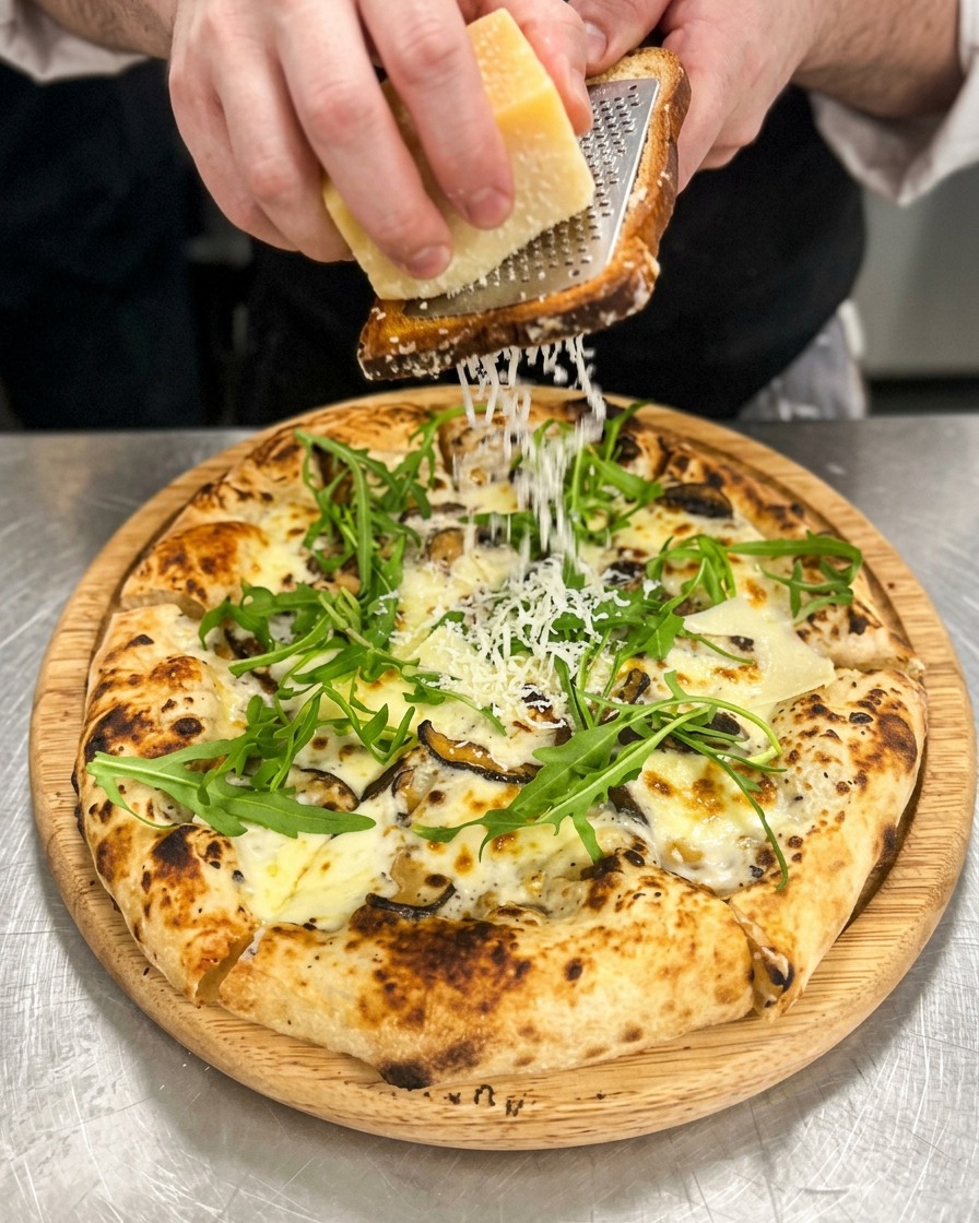 Persona che grattugia Parmigiano fresco sopra una pizza appena sfornata con funghi e rucola.