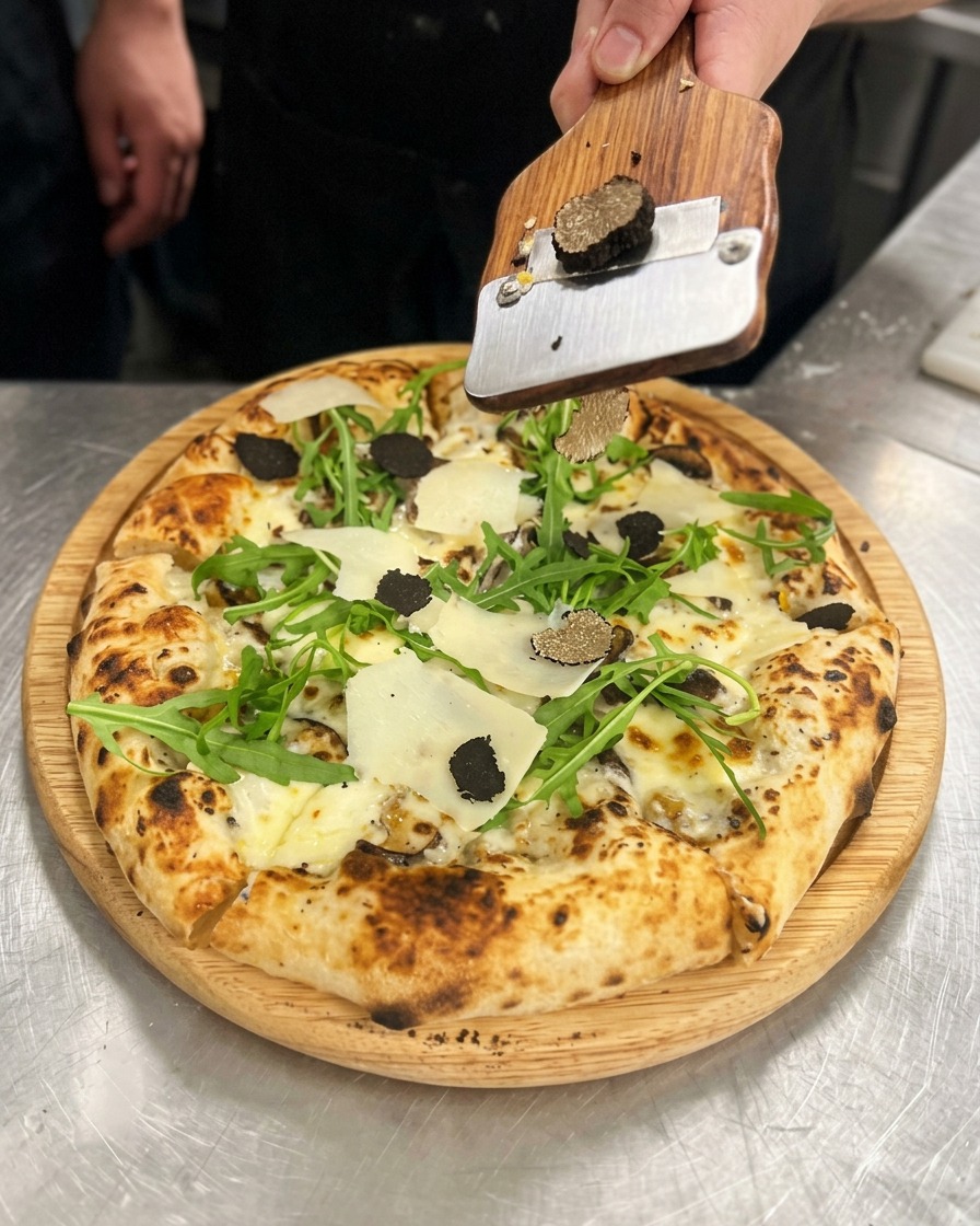 Un affettatartufi che fa cadere scaglie sottilissime di tartufo nero fresco sulla pizza guarnita.