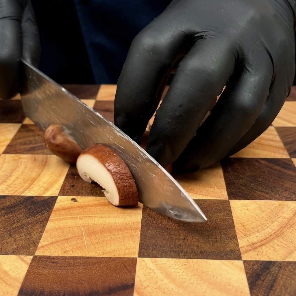 Mani con guanti che affettano un fungo cremino fresco su un tagliere a scacchi in legno con un grande coltello da chef.
