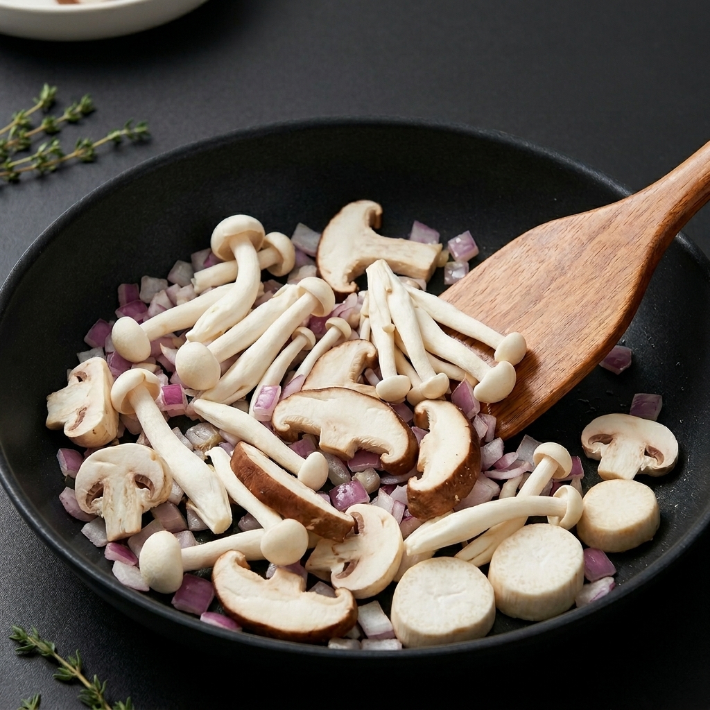 Vari funghi crudi affettati, tra cui shiitake e shimeji bianchi, in una padella scura con cipolle rosse saltate, accanto a una spatola di legno.