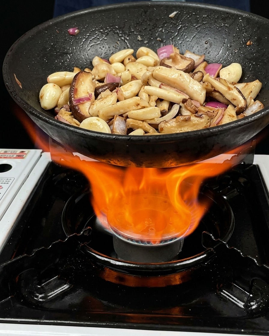 Una padella nera piena di funghi e aglio saltata su una vivace fiamma arancione di un fornello a gas.