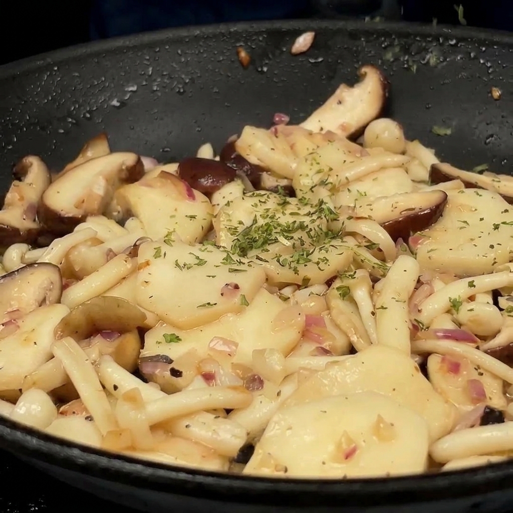 Prezzemolo verde tritato sparso su una padella di funghi saltati dorati.