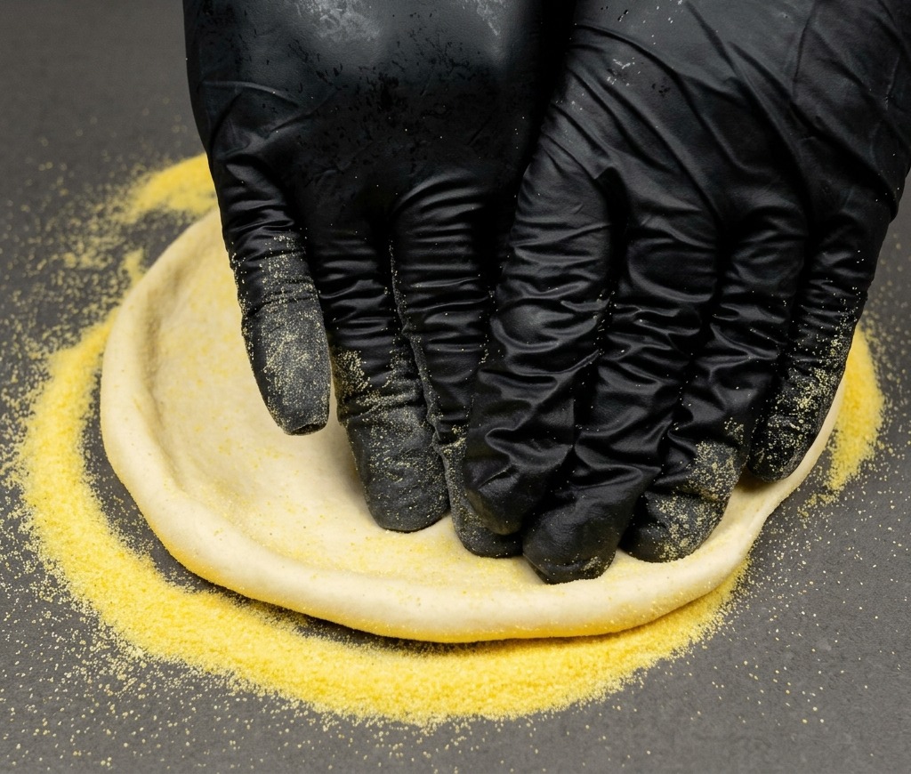 Mani con guanti neri che premono su un pezzo rotondo di impasto per pizza su una superficie grigia spolverata di farina di mais gialla.