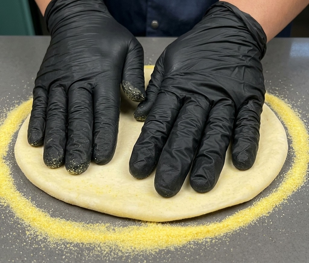 Mani con guanti neri che stendono una base rotonda per pizza su un piano coperto di farina di mais gialla.