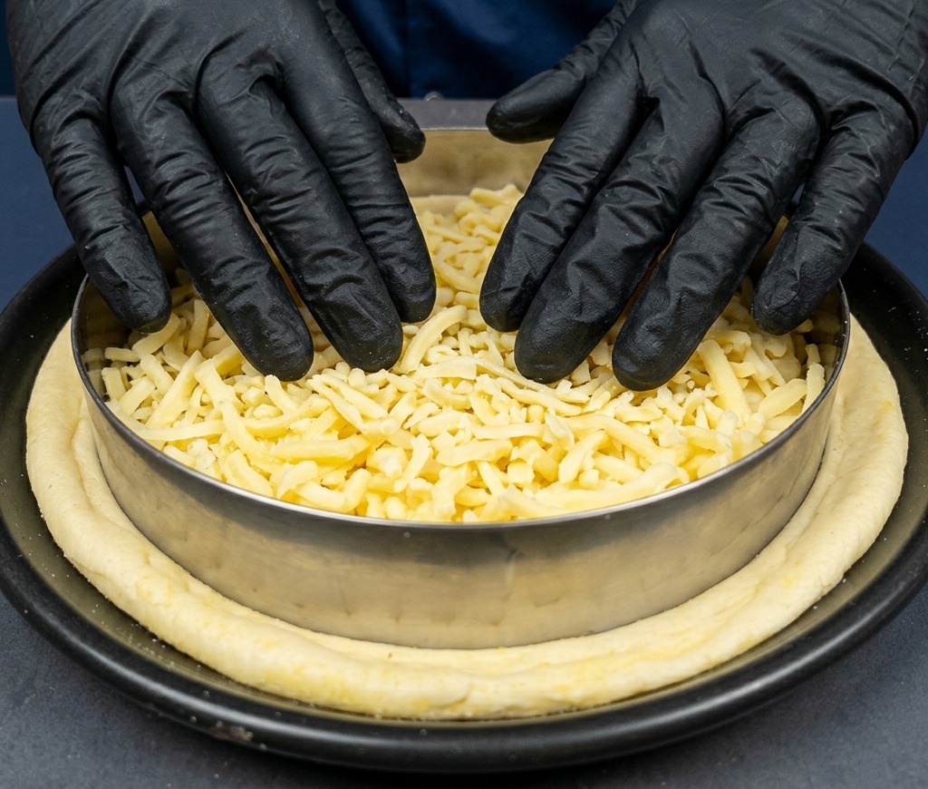 Mani con guanti neri che spargono uno spesso strato di mozzarella grattugiata sullimpasto per pizza allinterno di un anello di metallo.