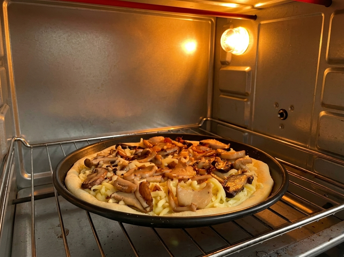Una pizza ai funghi completamente assemblata su una teglia nera rotonda allinterno di un forno acceso.