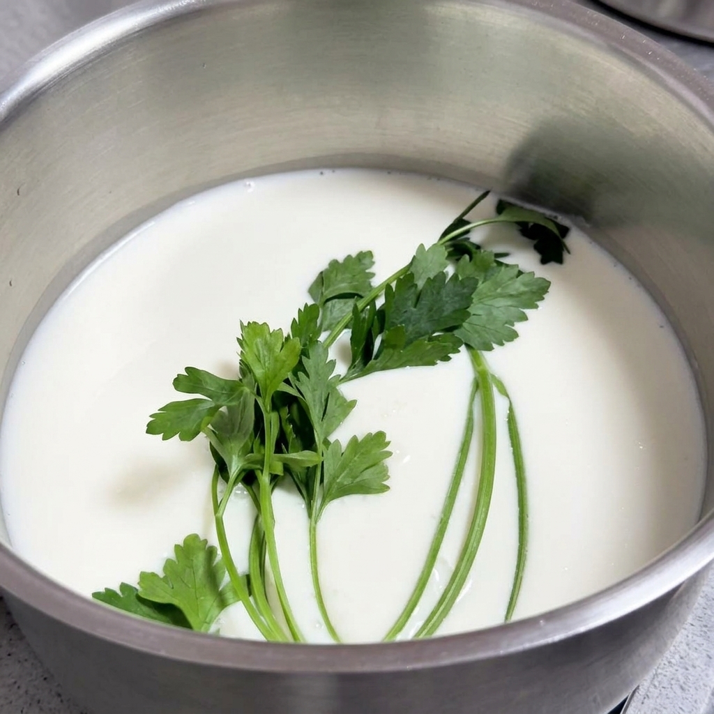 Un pentolino con latte bianco, un rametto di prezzemolo fresco e altri aromi.