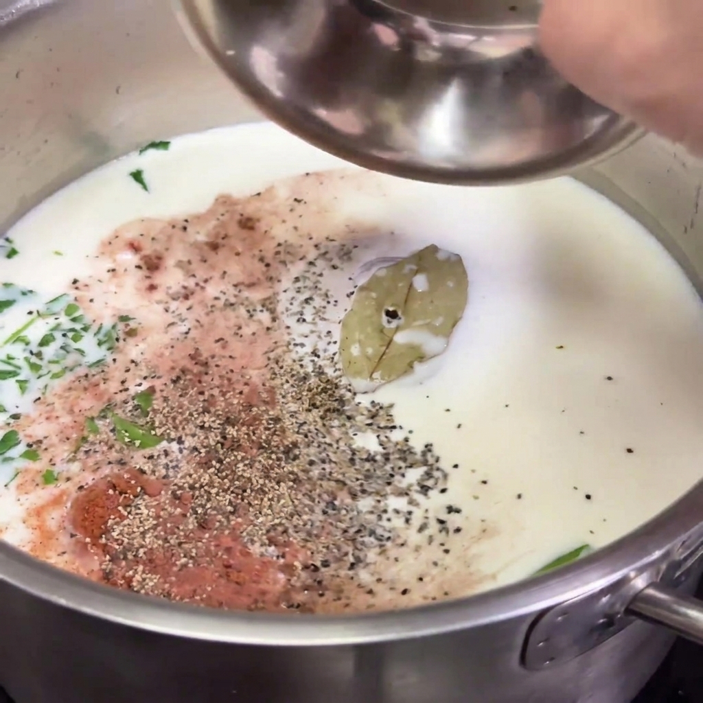 Spezie tra cui sale, pepe e noce moscata versate nel latte infuso.