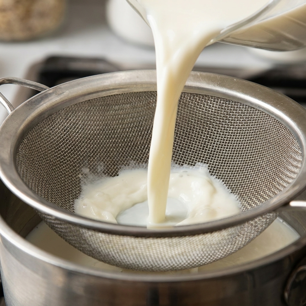 Latte caldo versato attraverso un colino in un pentolino contenente il roux.
