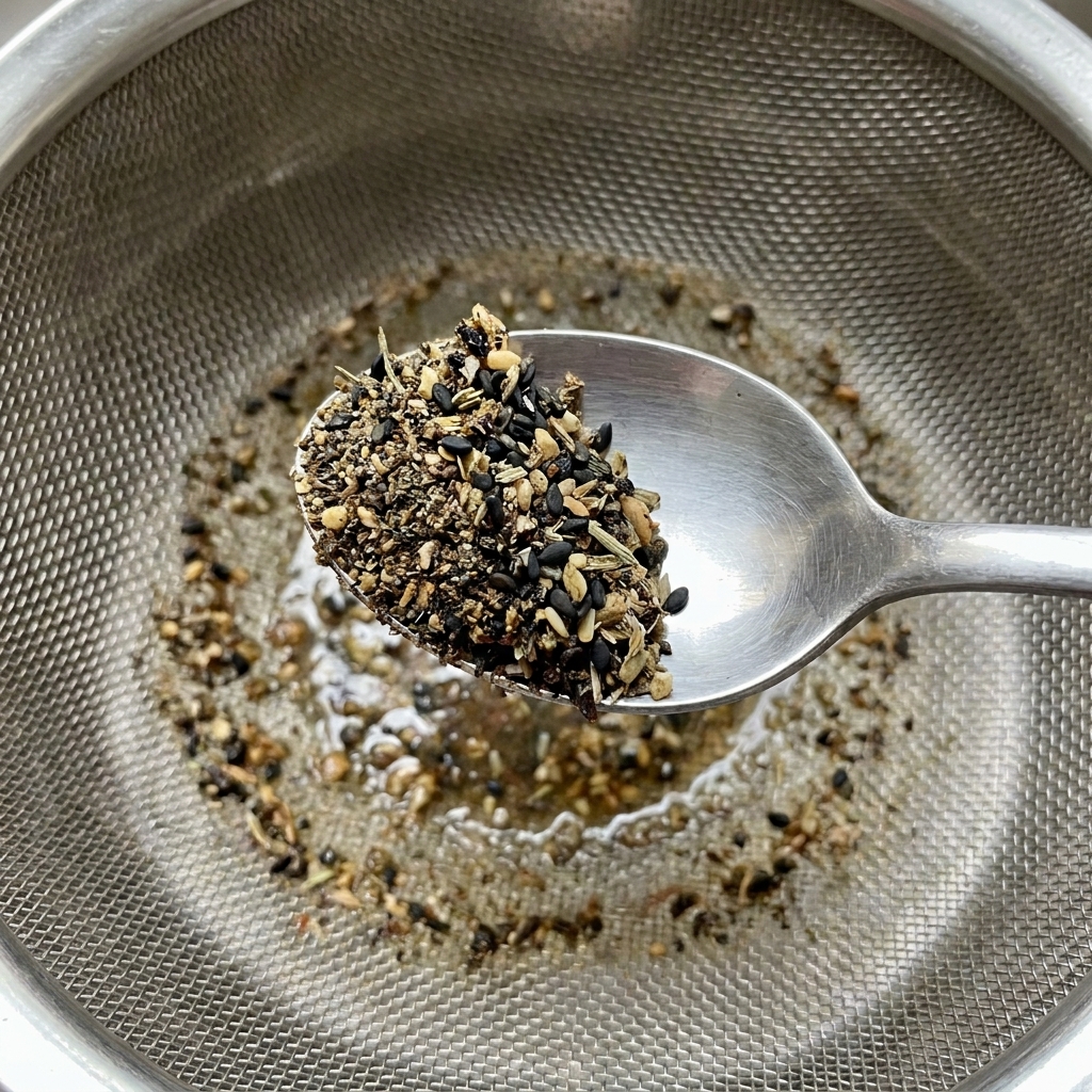 Un cucchiaio che tiene un mix di spezie e aromi filtrati sopra un colino.