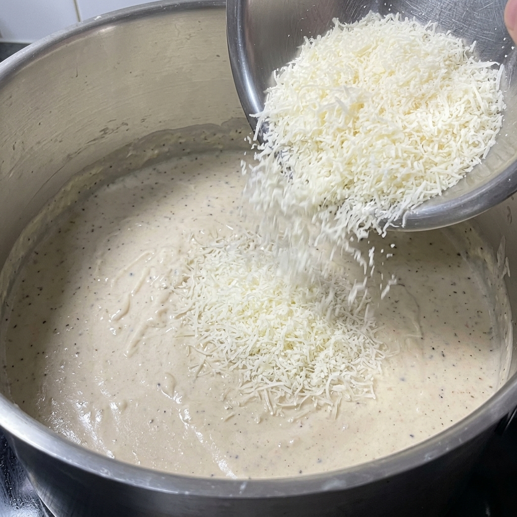 Parmigiano grattugiato versato in un pentolino di besciamella cremosa.