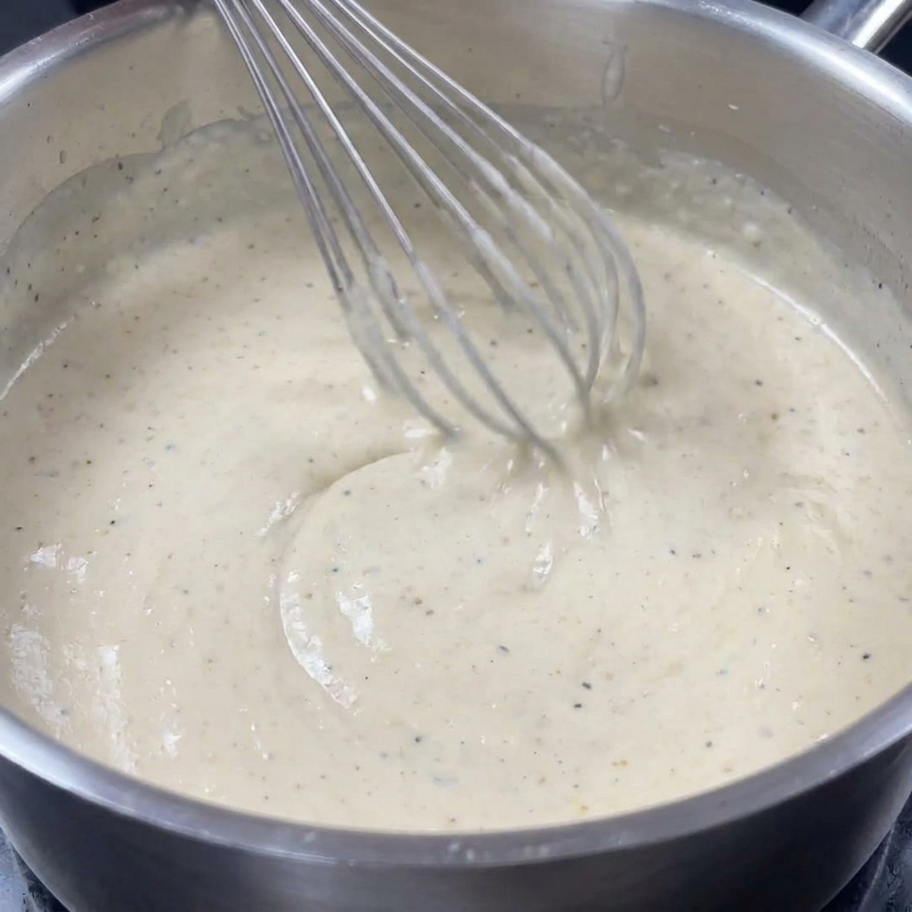 Una frusta che mescola una salsa al tartufo densa in un pentolino di acciaio.