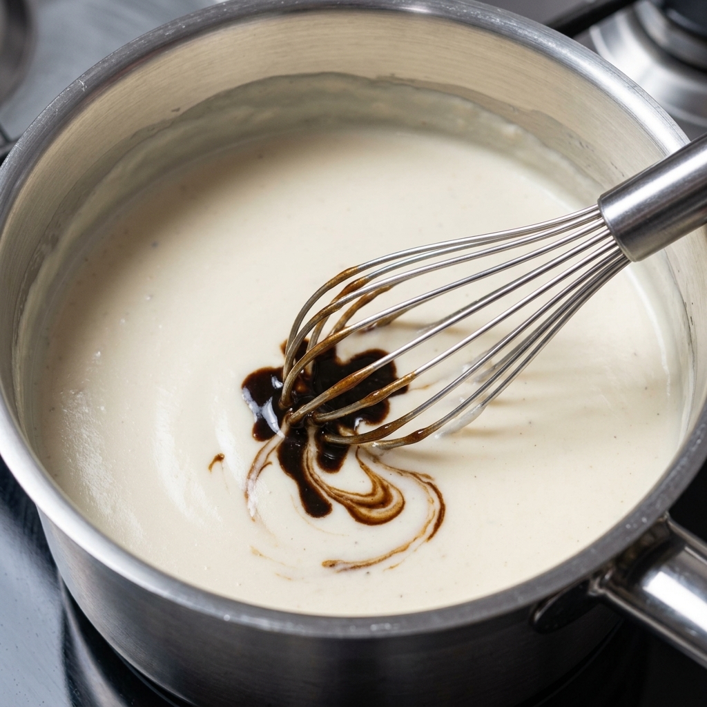 Una frusta che incorpora la pasta di tartufo scura nella besciamella cremosa.