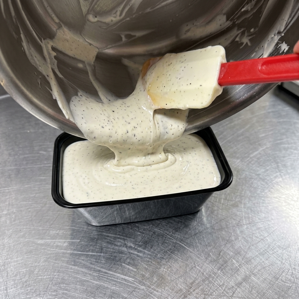 Spatola che versa la besciamella al tartufo in un contenitore di plastica nero.