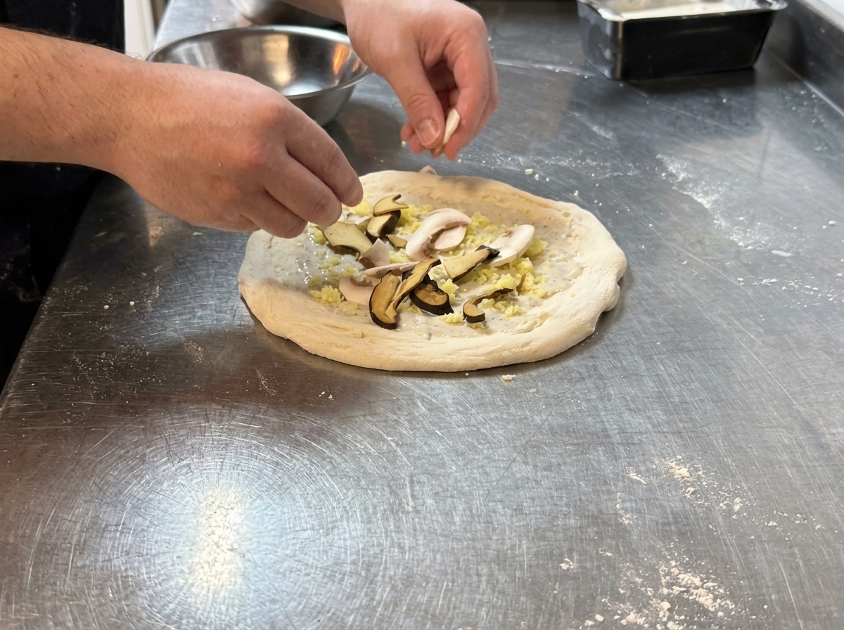 Mani che dispongono funghi freschi su una pizza con besciamella e formaggio.
