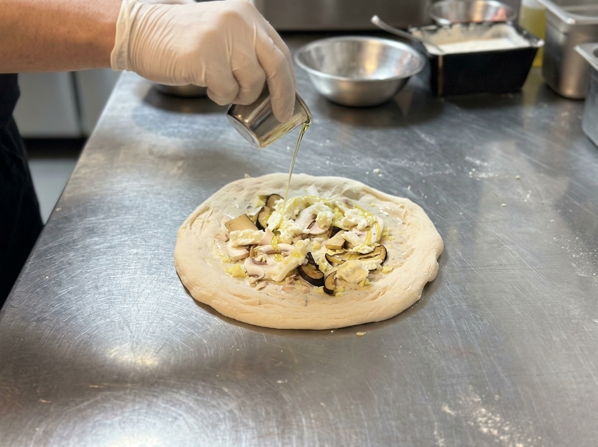 Olio doliva versato su una pizza cruda pronta per essere infornata.