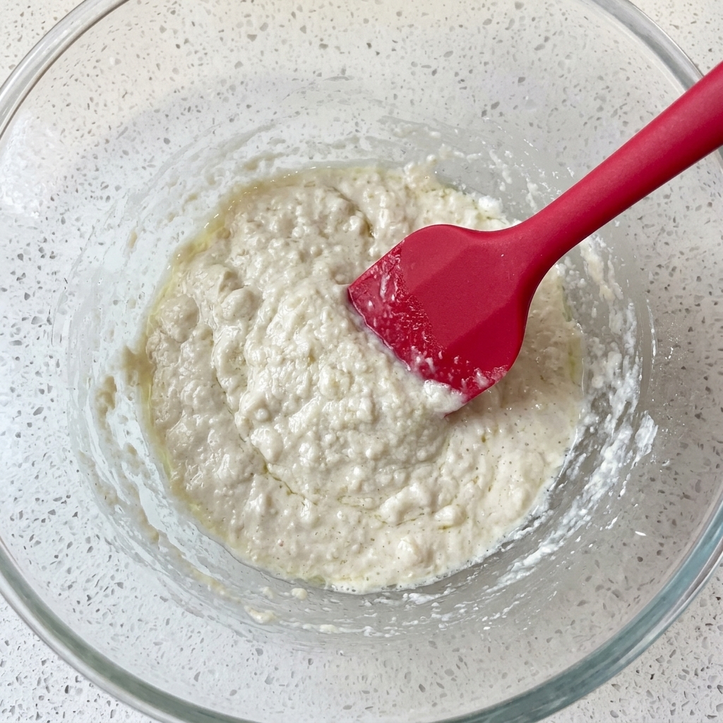 Impasto per pizza molto umido mescolato con una spatola di silicone in una ciotola di vetro.