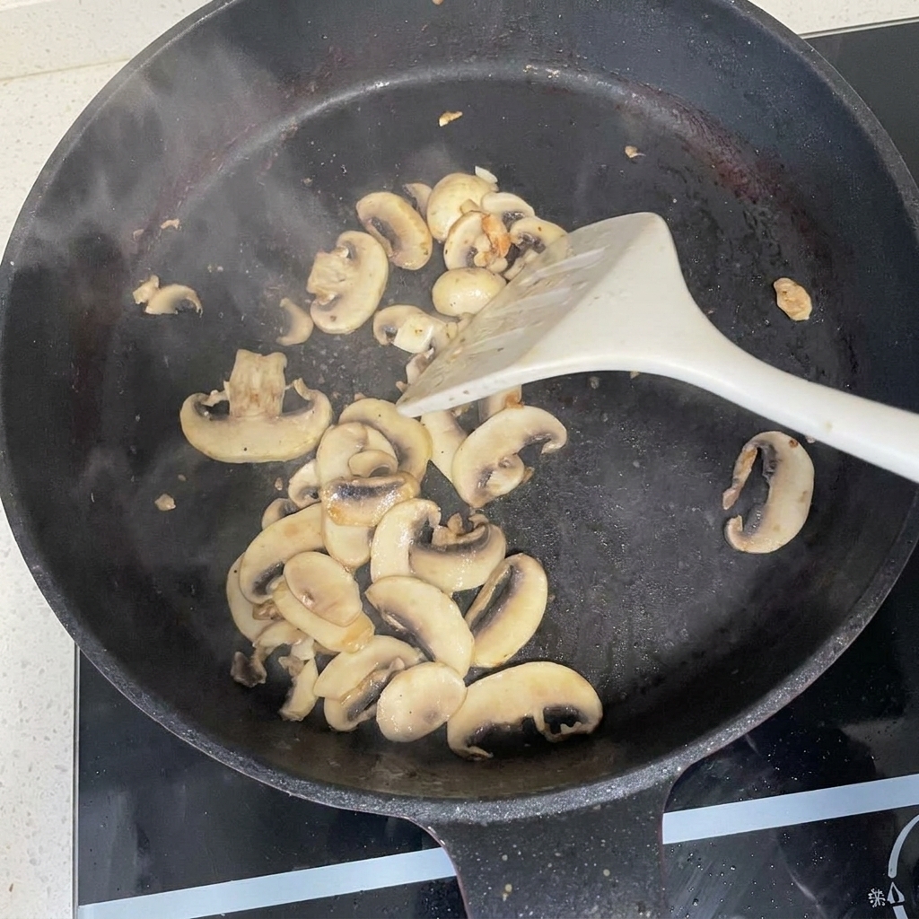 Funghi champignon affettati saltati in padella con una spatola bianca.