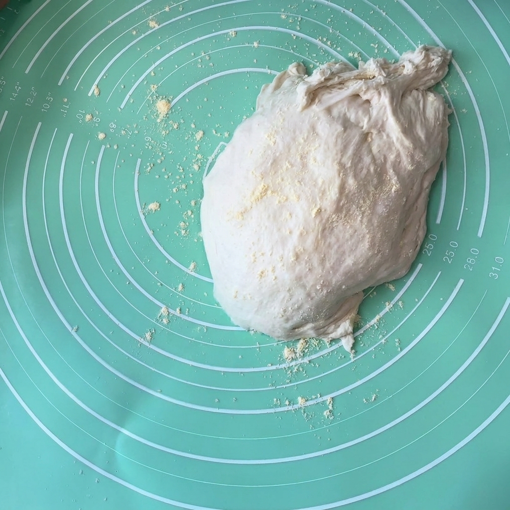 Palla di impasto lievitata appoggiata su un tappetino di silicone cosparso di farina di mais.