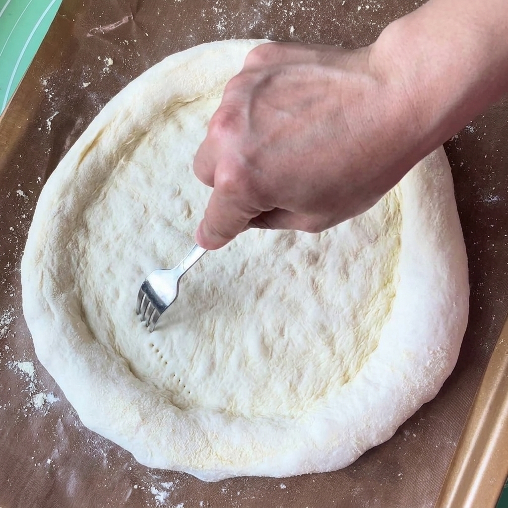 Una forchetta che punzecchia il centro di un disco di pasta per pizza.