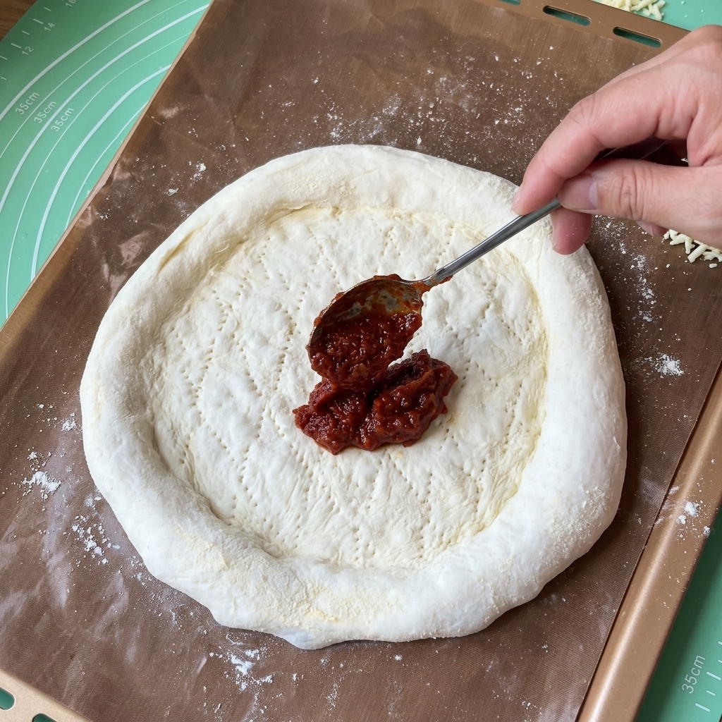 Un cucchiaio che stende salsa di pomodoro rossa sulla base bucherellata.
