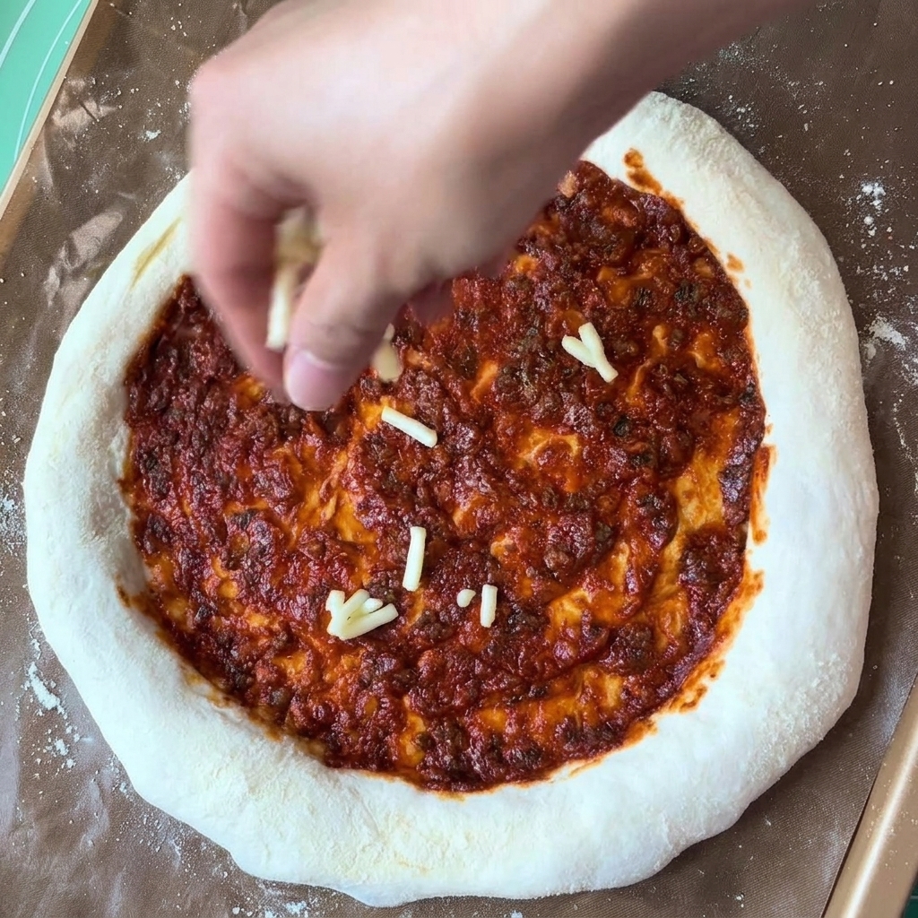 Mano che sparge mozzarella grattugiata sulla base con pomodoro.