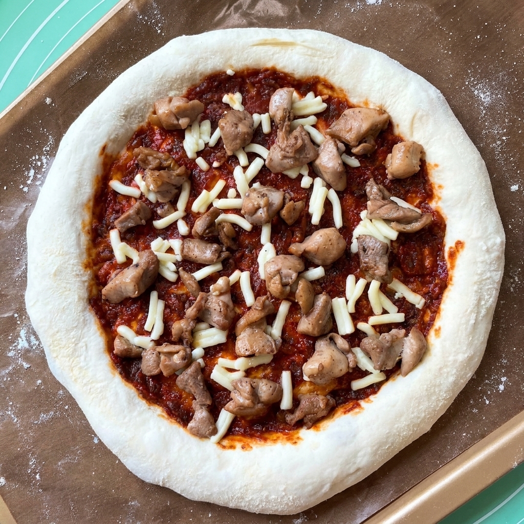 Pezzi di pollo e fette di funghi distribuiti sopra la base di formaggio e pomodoro.