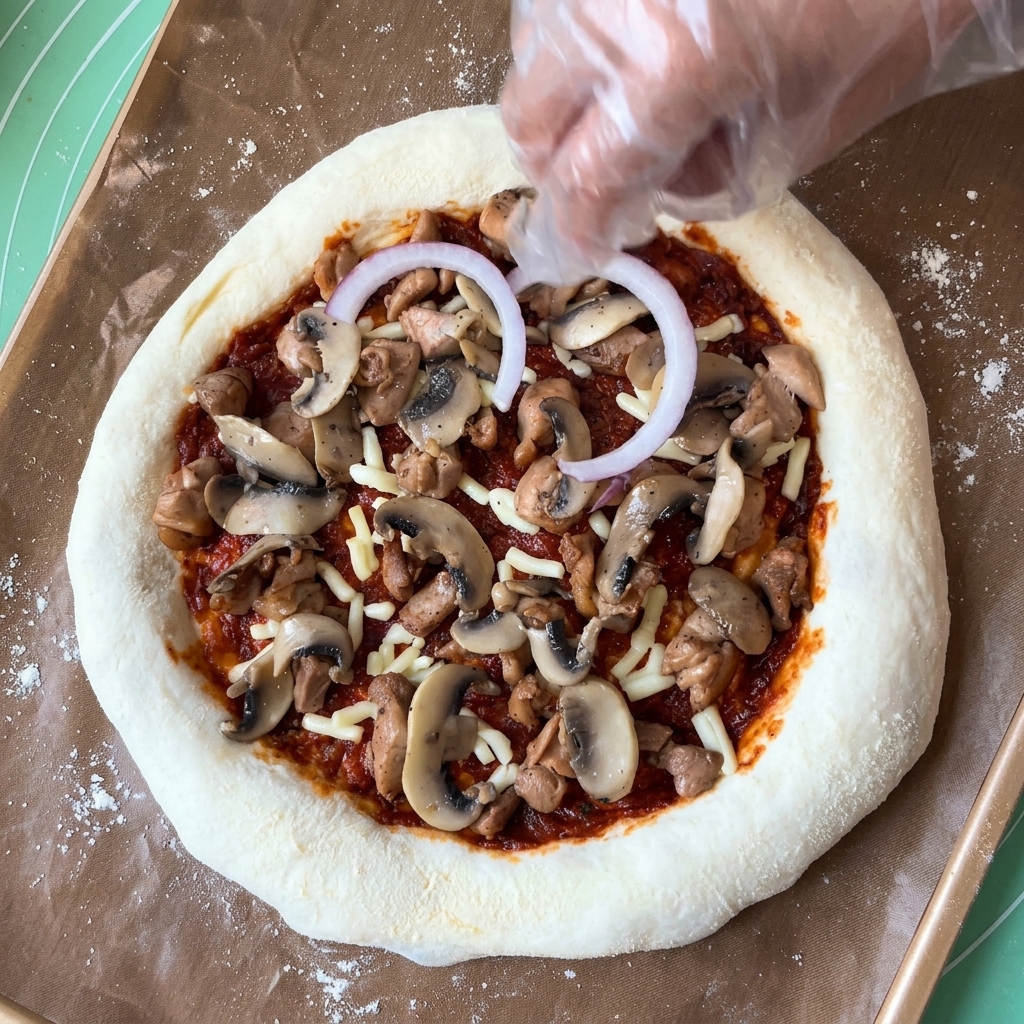 Anelli di cipolla rossa aggiunti sopra i condimenti della pizza.