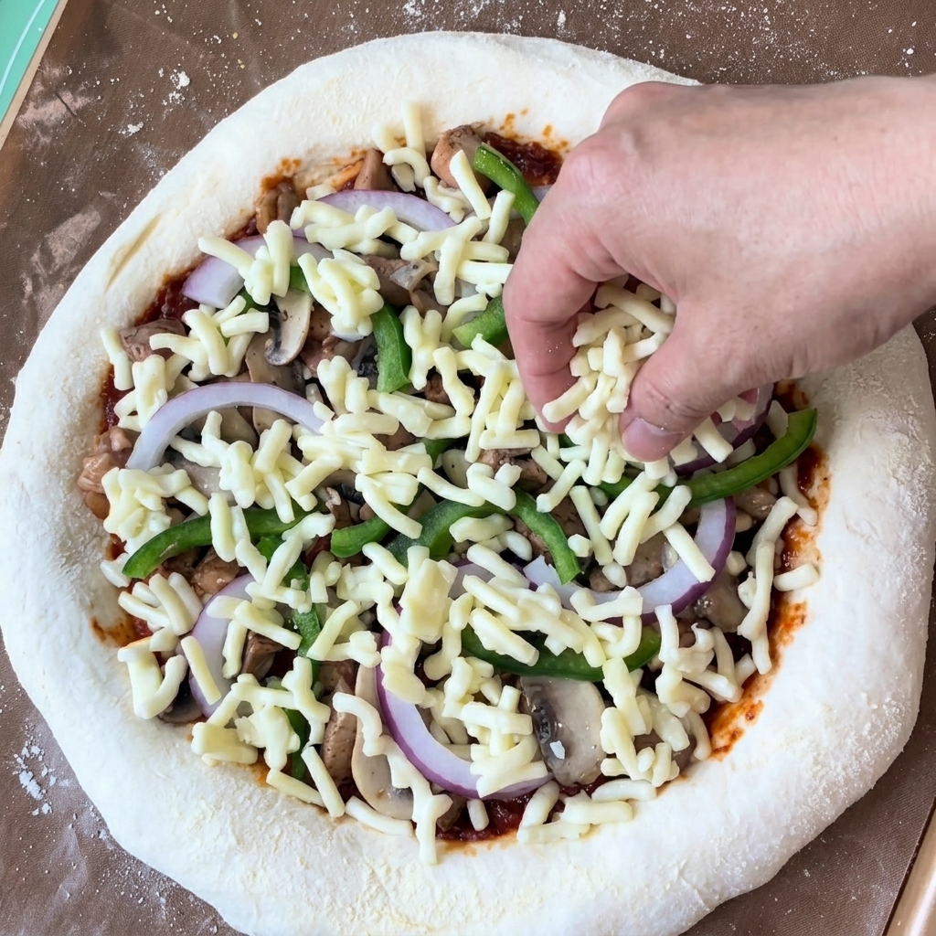 Mano che cosparge lultimo strato di mozzarella sulla pizza ricca di condimenti.