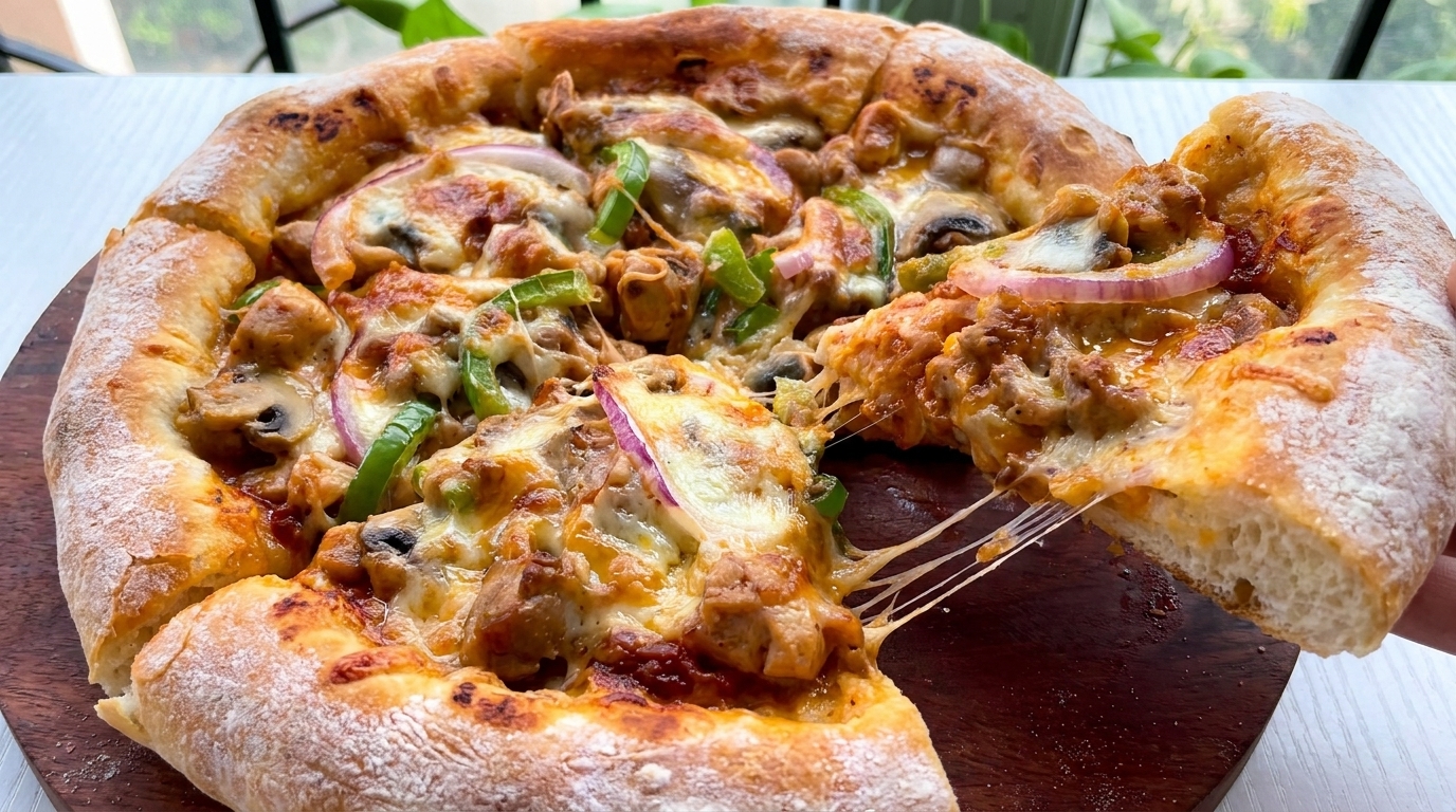 Pizza Fatta in Casa con Pollo all'Orleans e Funghi
