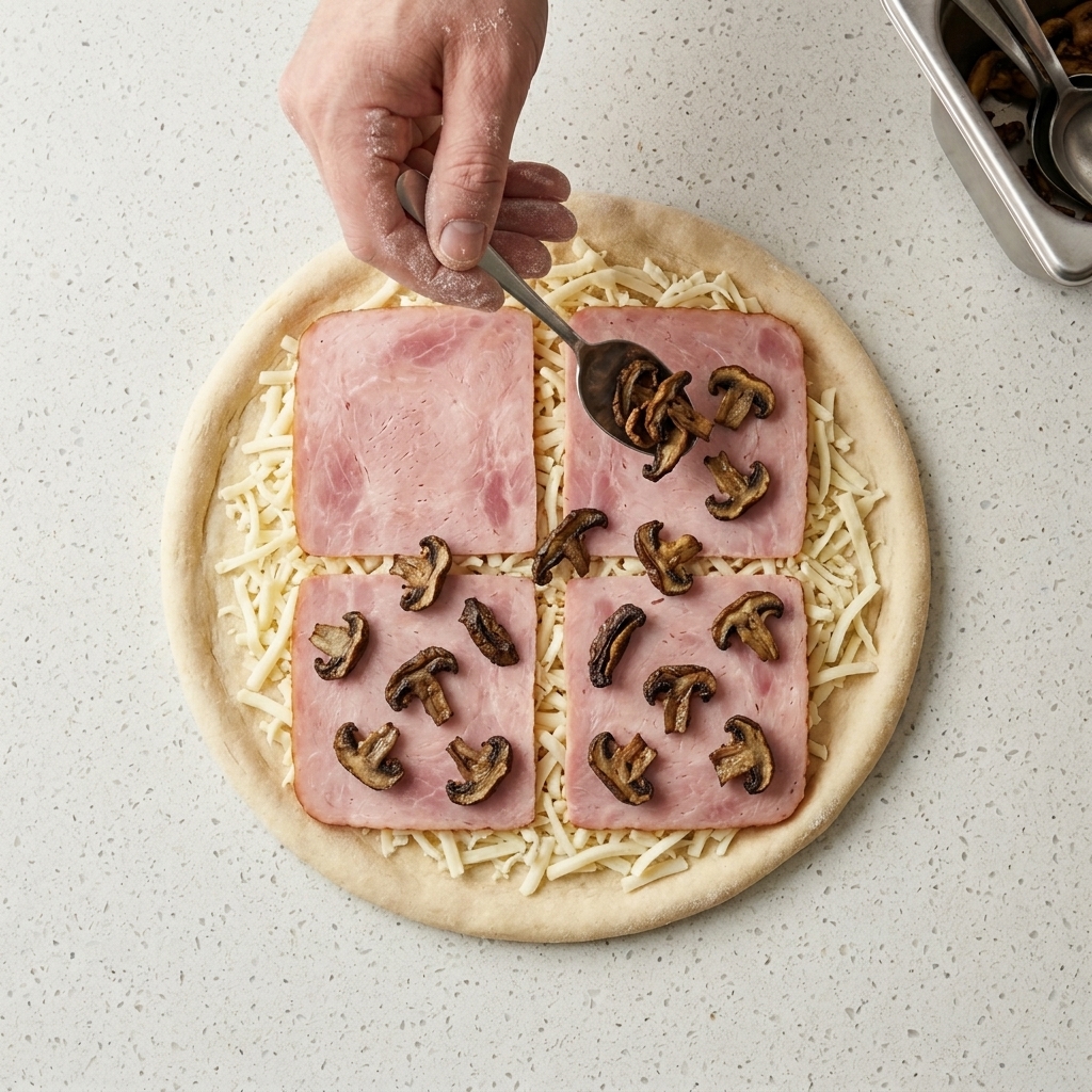 Funghi arrostiti affettati distribuiti sopra le fette di pancetta sulla base della pizza.