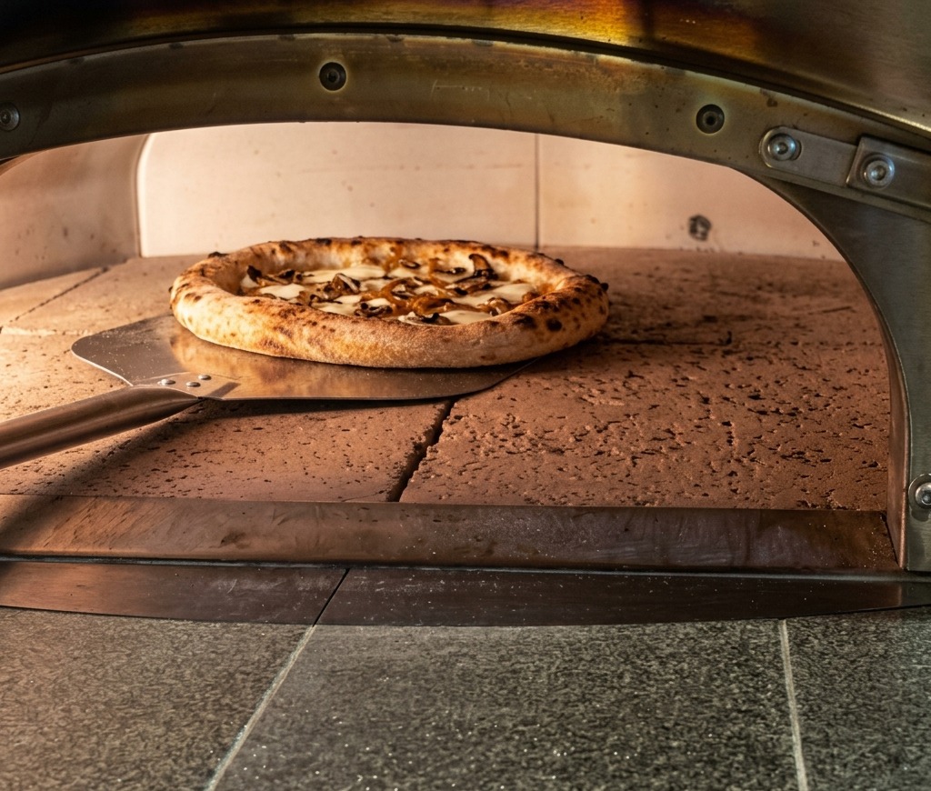 Una pizza pronta su una pala di metallo mentre viene inserita in un forno a pietra rovente.