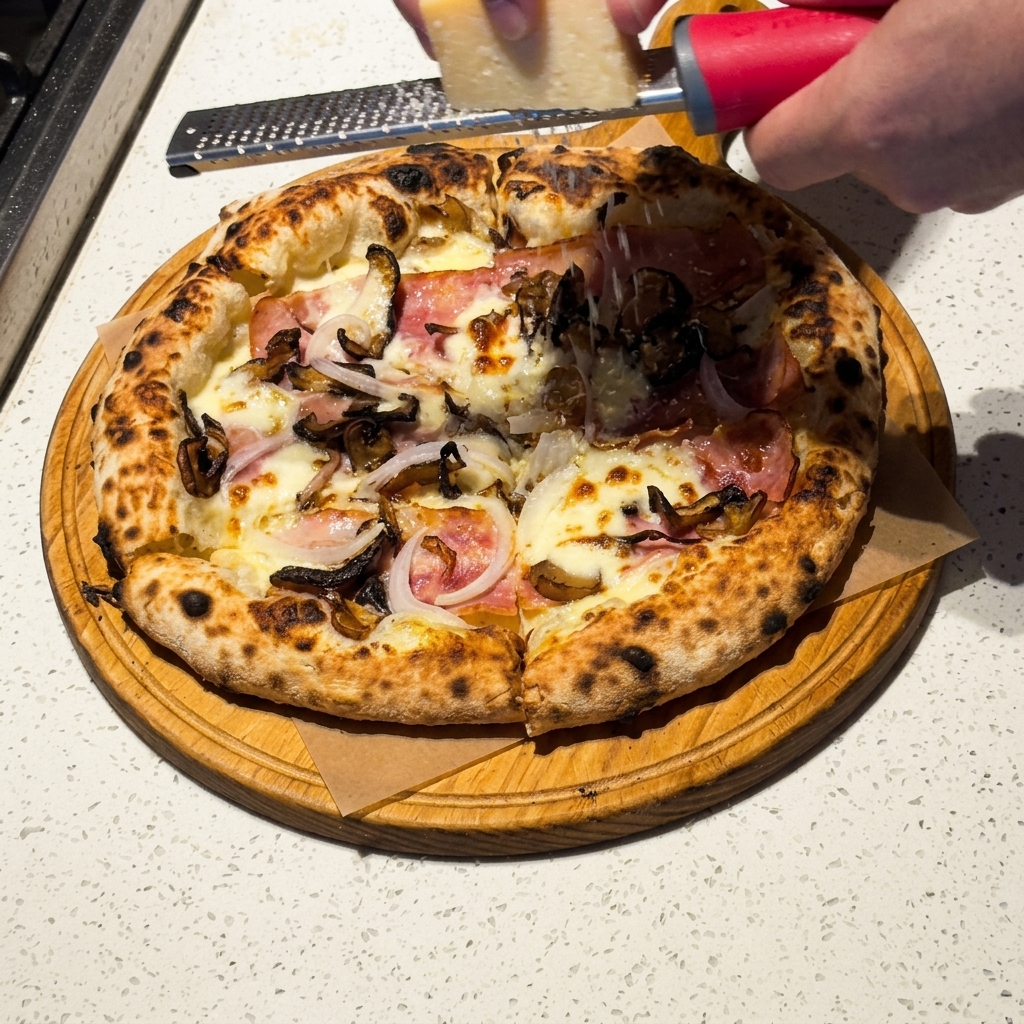 Mani che grattugiano parmigiano fresco sopra una pizza carbonara appena sfornata su un tagliere di legno.