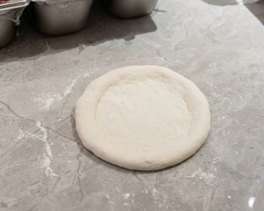 Un panetto di impasto per pizza steso su una superficie infarinata.