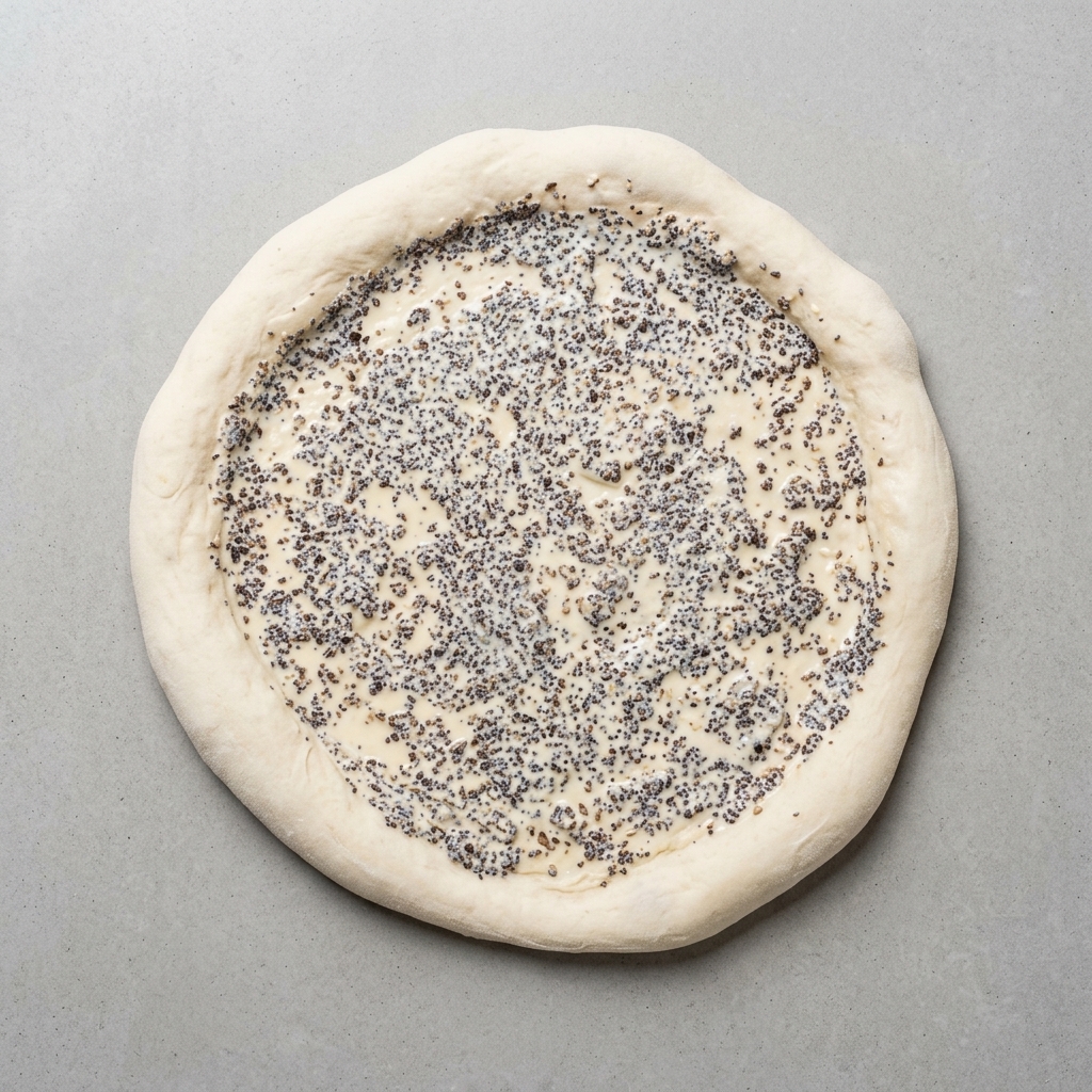 Impasto per pizza coperto uniformemente con salsa al tartufo nero.