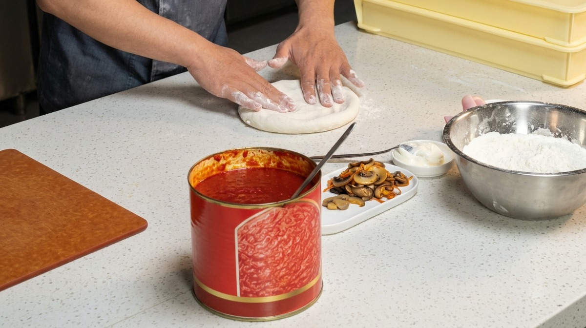 Mani di uno chef che premono delicatamente un panetto di pizza su un bancone bianco.