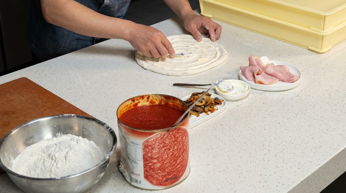 Uno chef dispone i funghi affettati a cerchio sopra la base della pizza condita con salsa bianca.
