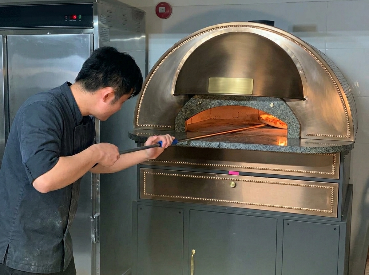 Una persona che usa un palino per ruotare la pizza allinterno di un grande forno a cupola color ottone.
