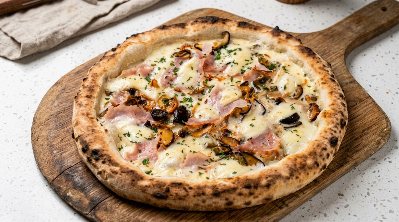 Una pizza bianca appena sfornata con cornicione croccante, condita con prosciutto, funghi e prezzemolo fresco.
