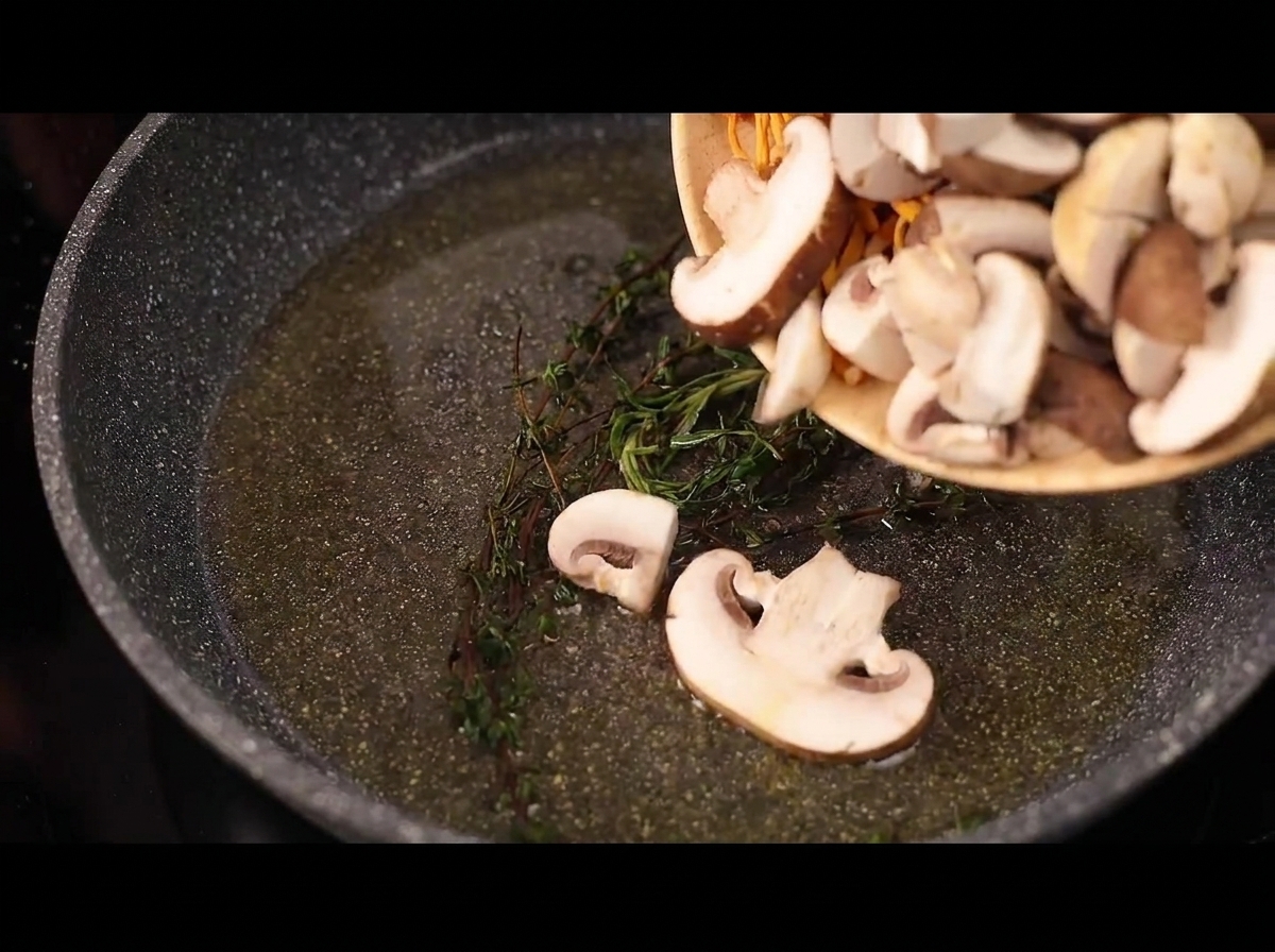 Funghi affettati e cordyceps arancioni versati da una ciotola in una padella calda con erbe.
