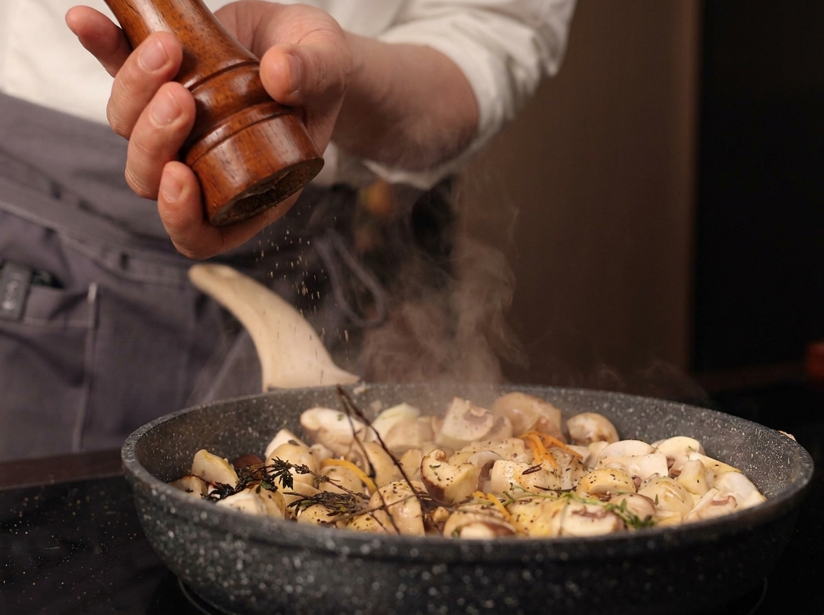Uno chef che macina pepe nero fresco sopra una padella fumante di funghi.