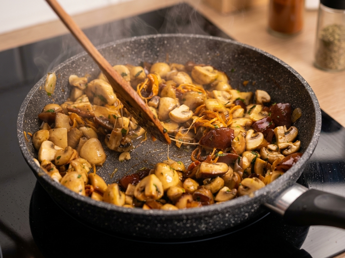 Spatola che salta un mix di funghi ben dorati e cordyceps arancioni in padella.