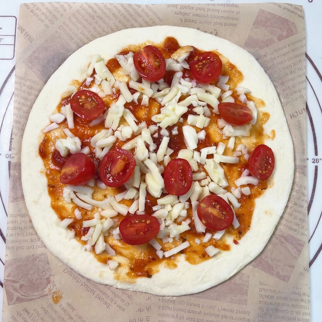 Una base per pizza rotonda condita con salsa, mozzarella e metà di pomodorini disposte con cura.