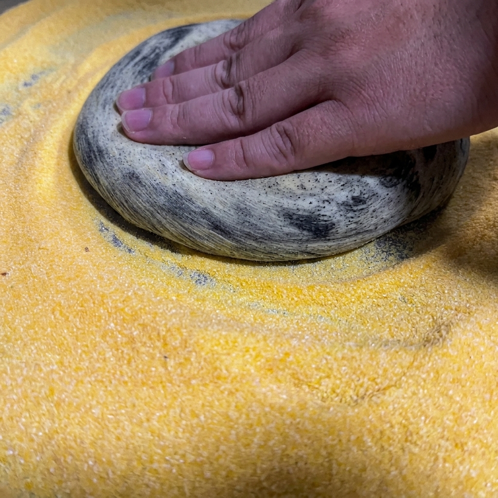 Una mano che preme un impasto per pizza color carbone su un letto di farina di mais gialla.